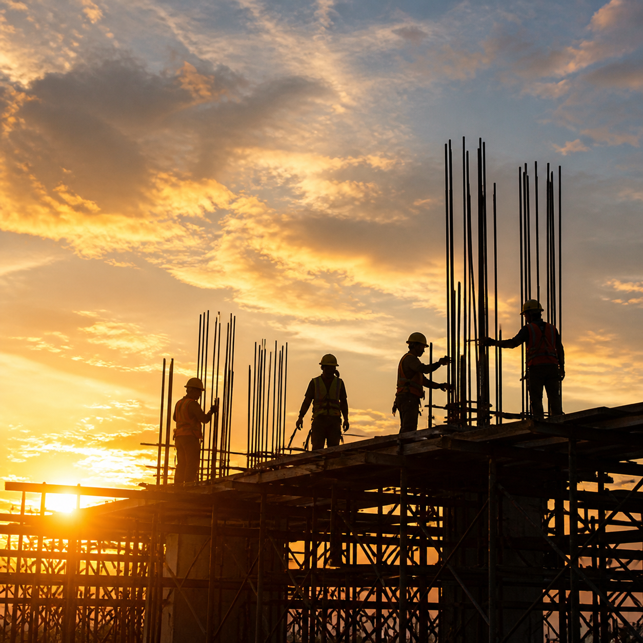 Civil engineers working with reinforced concrete and rebar at sunset